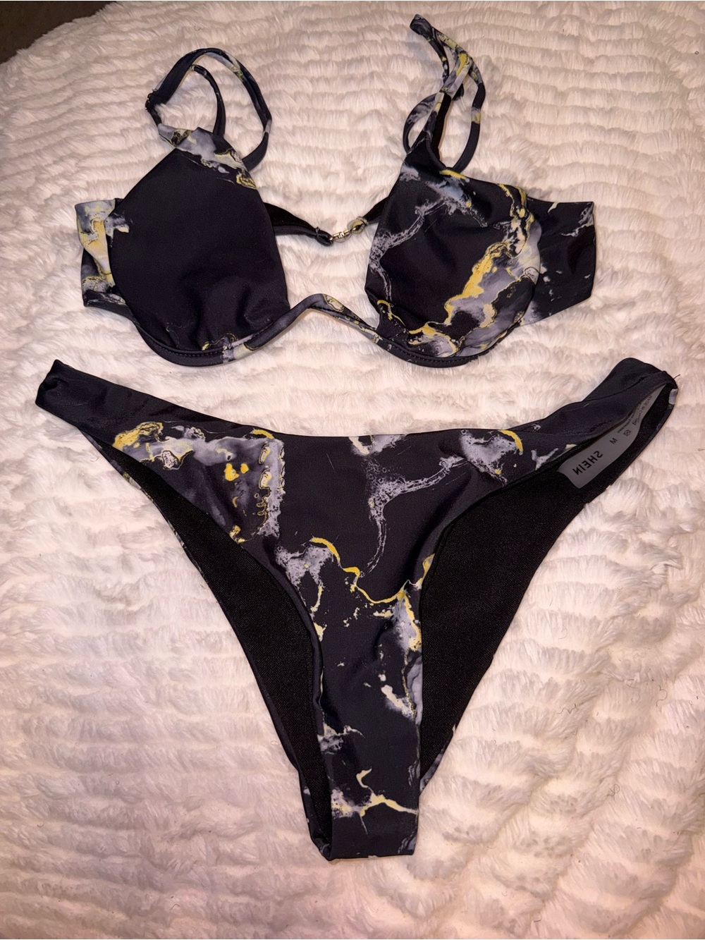 SHEIN Black Marble-Print Underwire Bikini Set